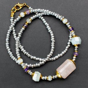 Rose quartz beaded necklace, dainty multi stone necklace